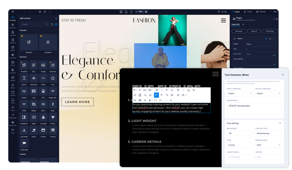 Website Builder interface with design tools and AI text generator, showcasing a furniture website template.