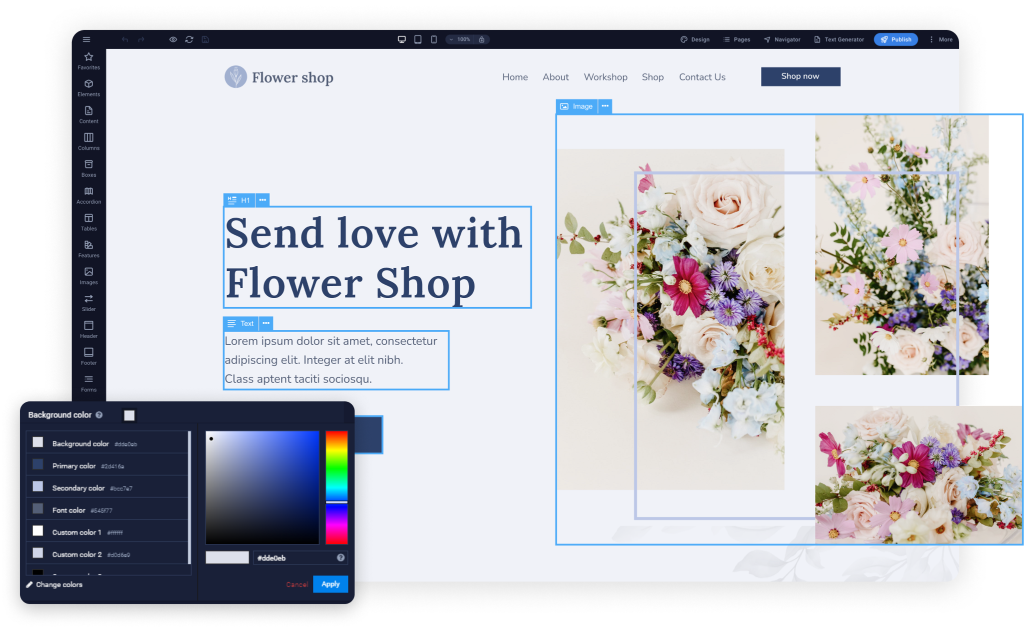 Website Builder interface showcasing a fashion website template with text editing and AI content generator tools.