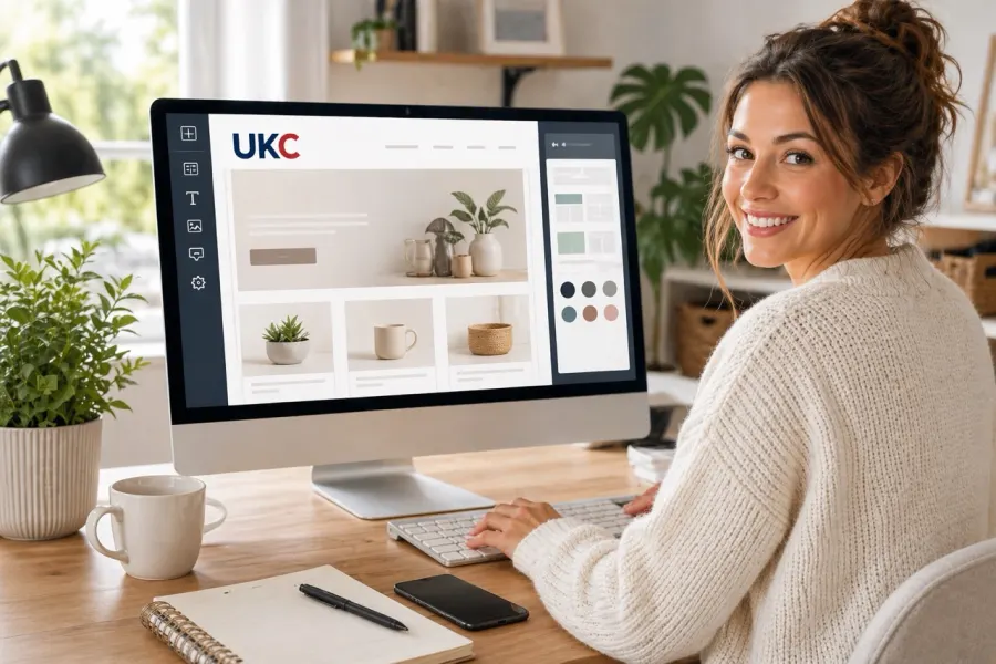 Small business owner using the UK Cheapest website builder on a desktop computer