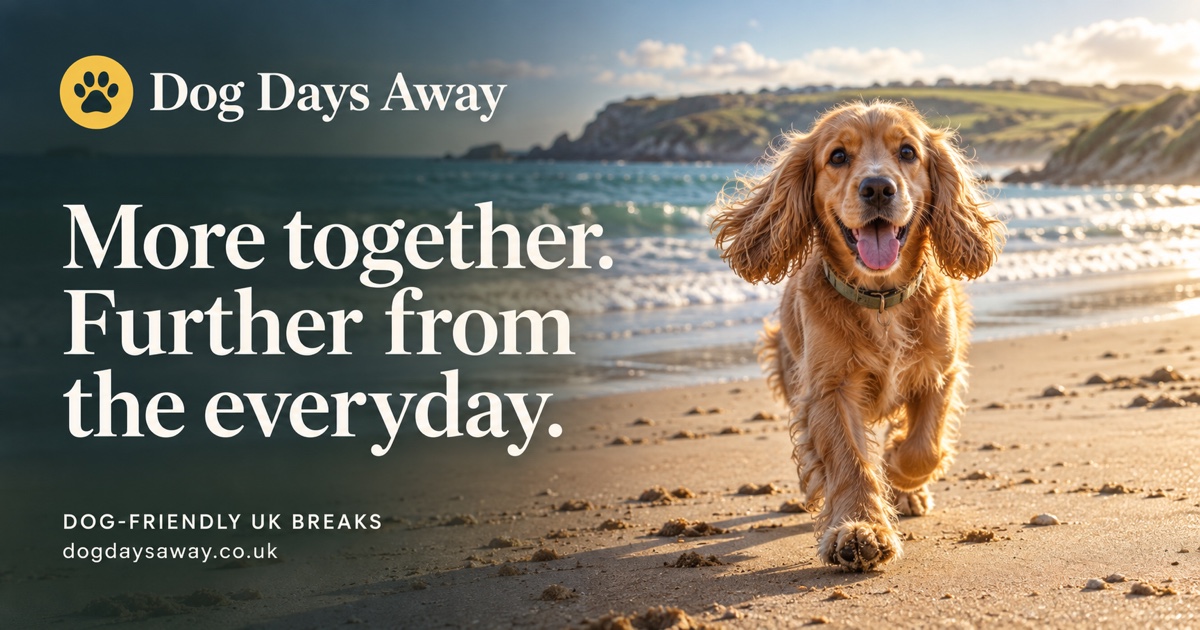 Dog Days Away: a happy dog on a beach, with the words More together. Further from the everyday.